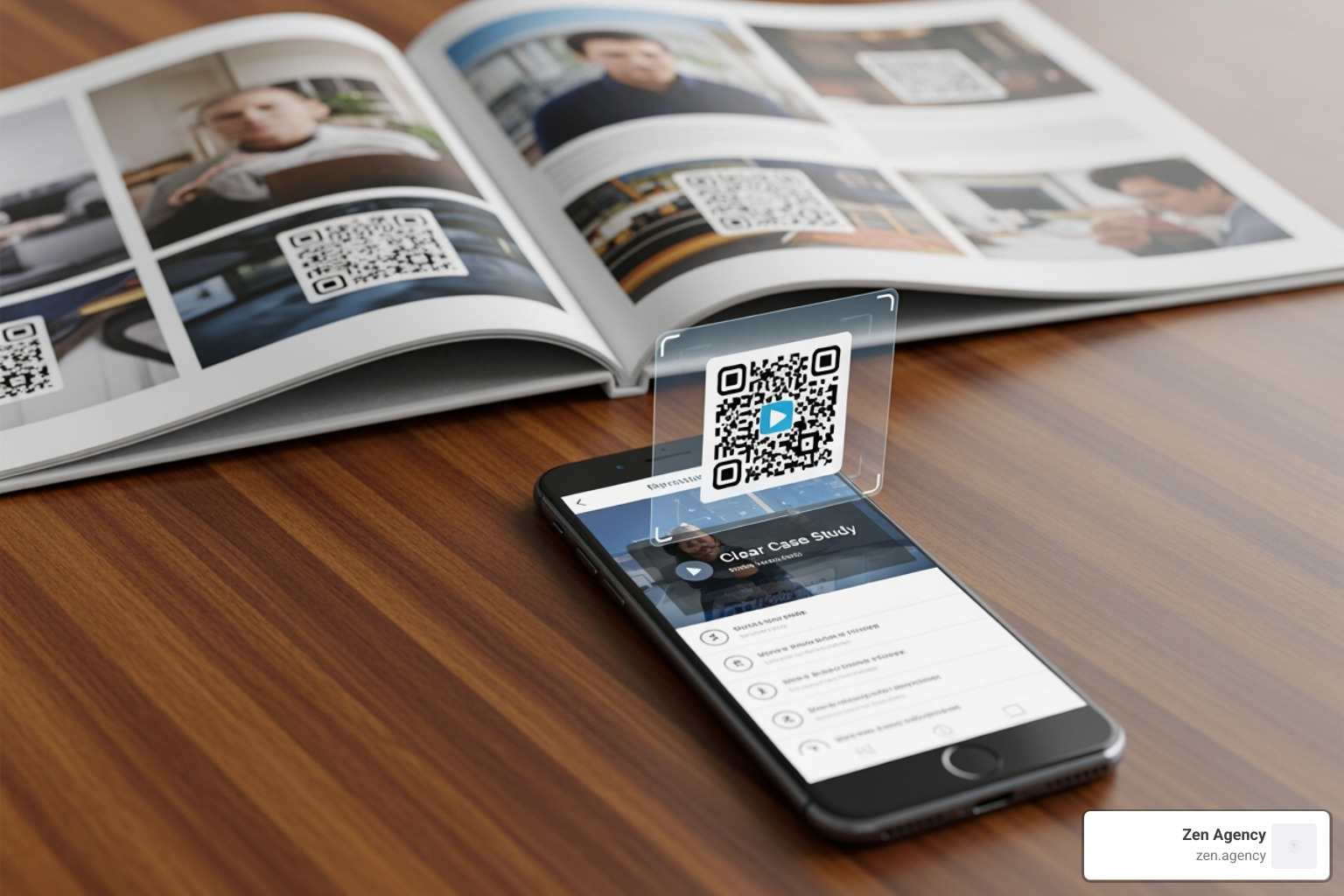 Interactive brochure example with QR codes and digital overlays Interactive brochure example with QR codes and digital overlays