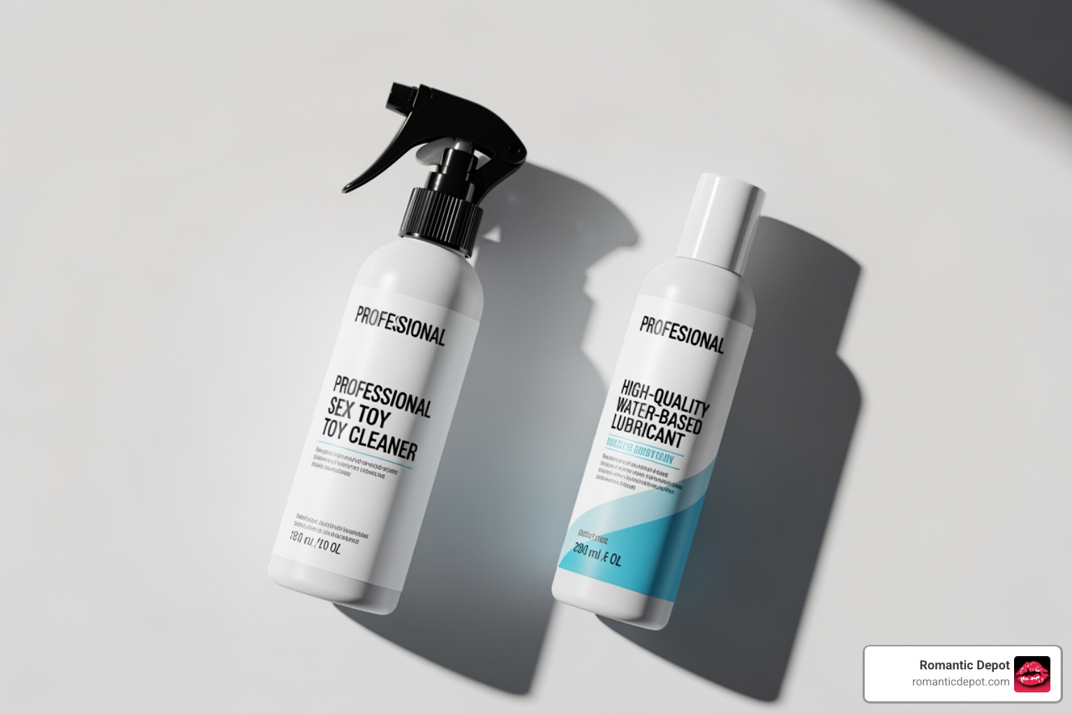 A flat lay of professional toy cleaner and a bottle of high-quality water-based lubricant