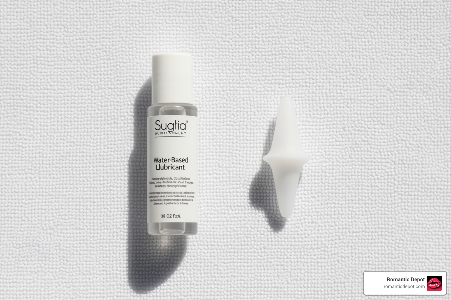 A neat setup of a water-based lubricant bottle and a small silicone plug on a clean towel A neat setup of a water-based lubricant bottle and a small silicone plug on a clean towel