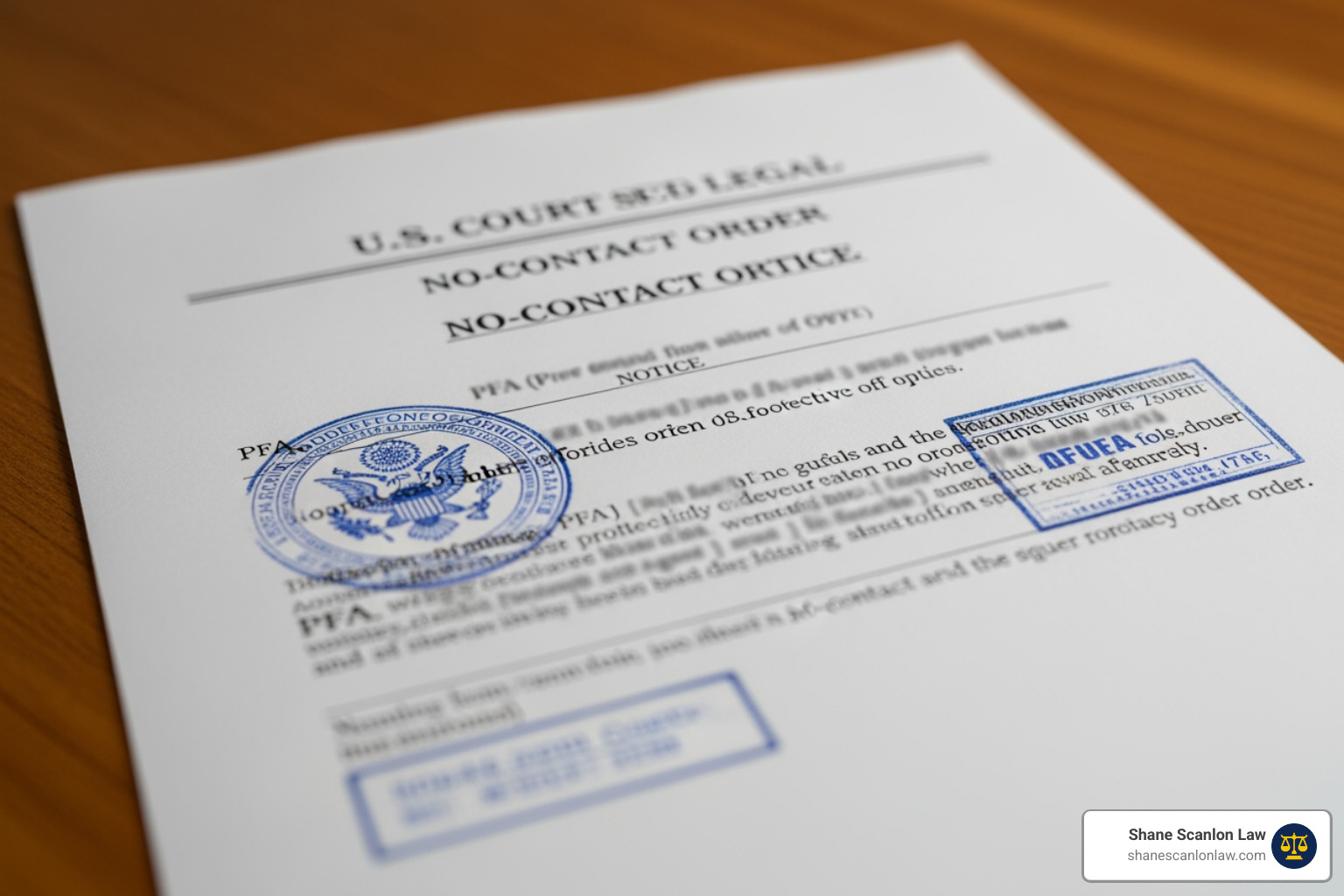 A legal no-contact order notice representing the protections of a PFA A legal no-contact order notice representing the protections of a PFA