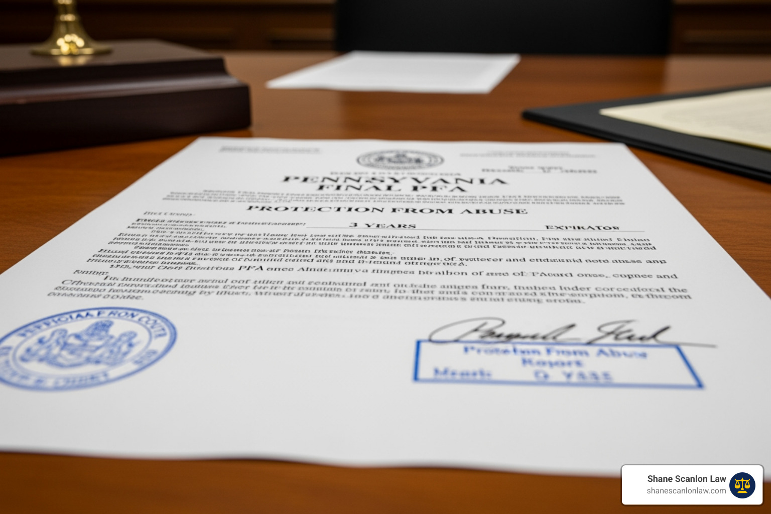 A signed and sealed Final PFA court order showing a three-year expiration date A signed and sealed Final PFA court order showing a three-year expiration date