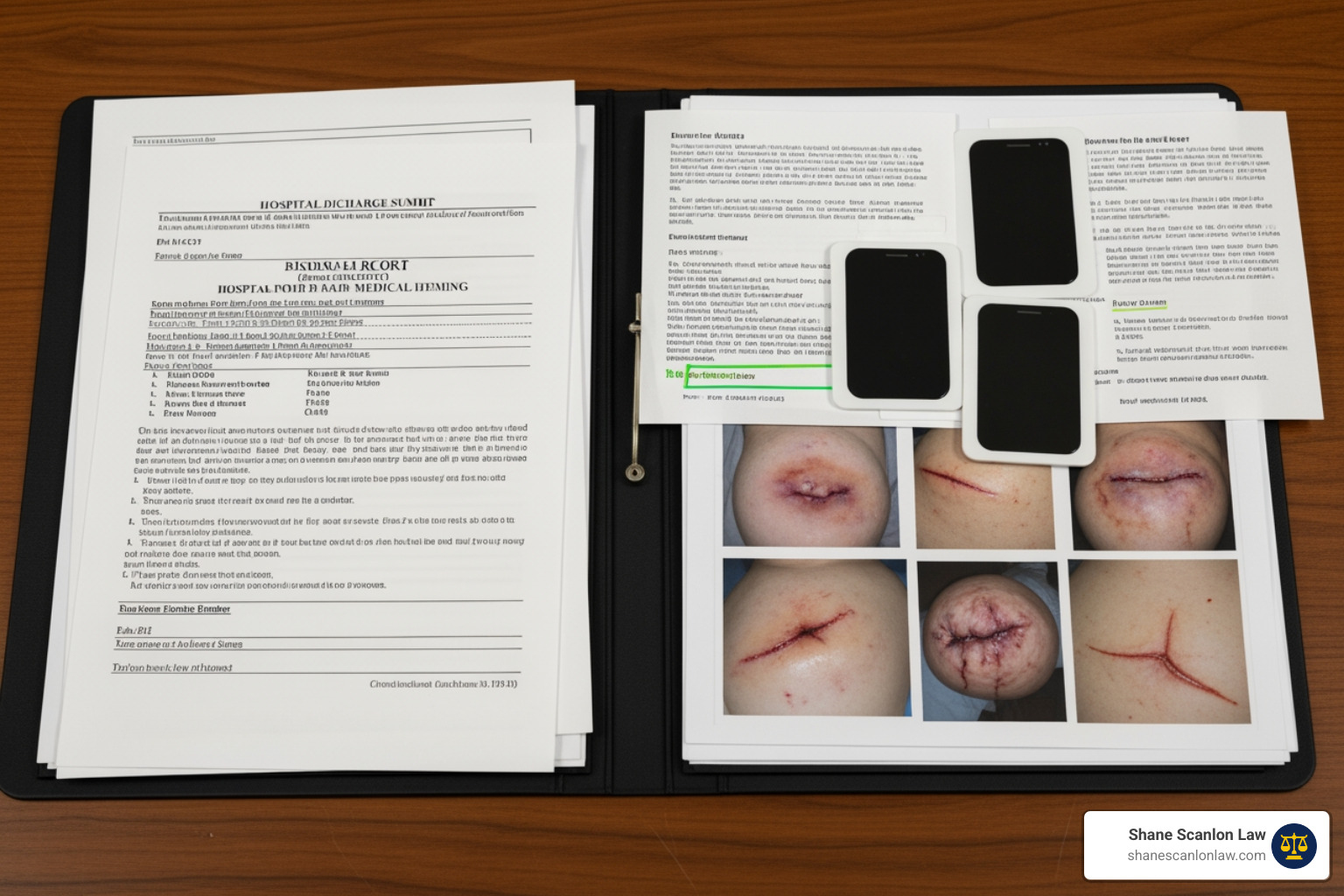 Evidence folder containing medical records, printed text messages, and photos for a PFA hearing Evidence folder containing medical records, printed text messages, and photos for a PFA hearing