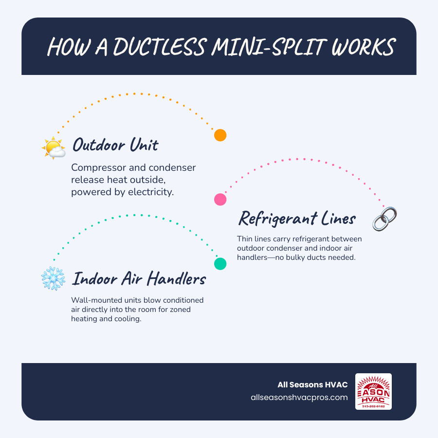 Infographic showing how a ductless mini-split works and its top benefits for Des Moines metro homes infographic