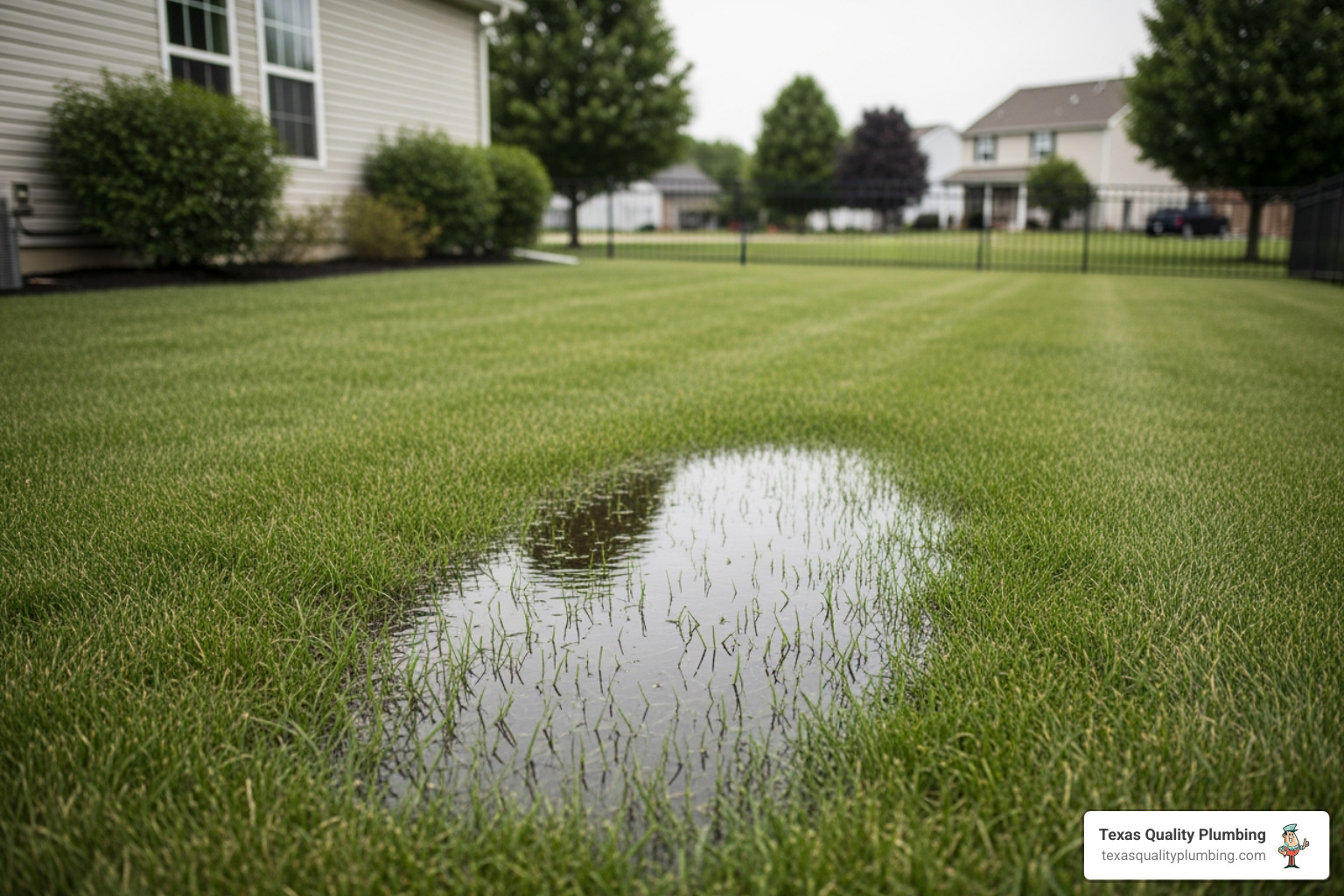 Soggy lawn with a visible wet patch over a buried sewer line Soggy lawn with a visible wet patch over a buried sewer line