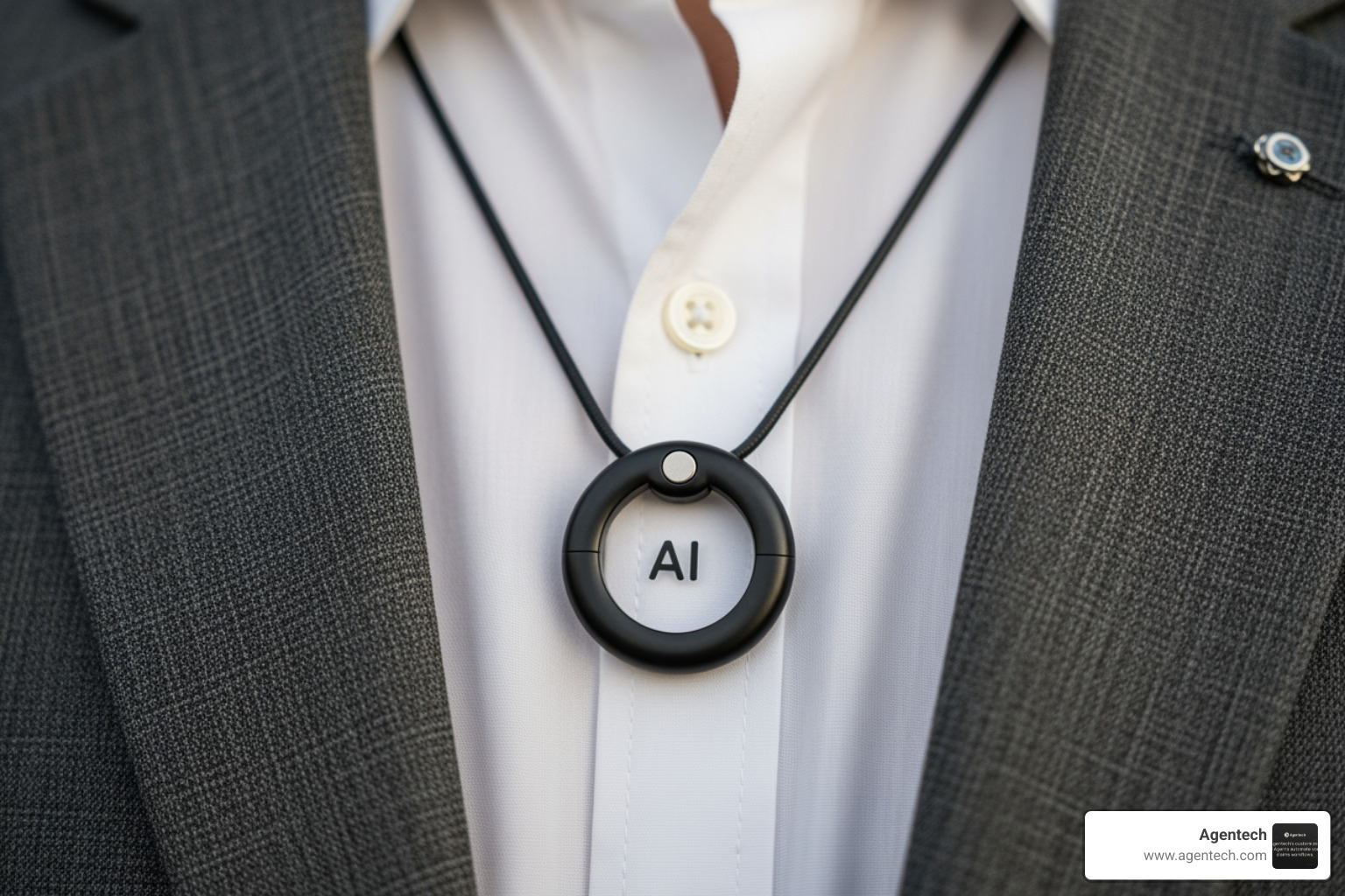 A modern AI pendant with a magnetic clasp worn on a lapel