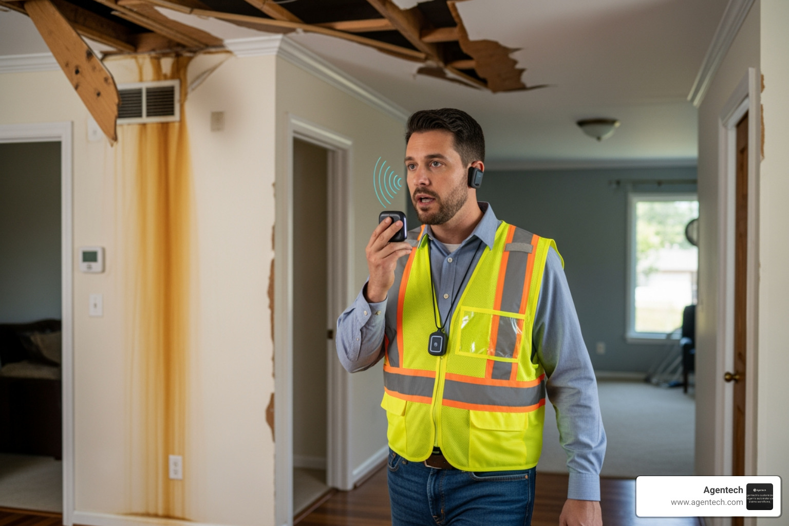 A P&C insurance adjuster documenting residential property damage with a wearable AI device