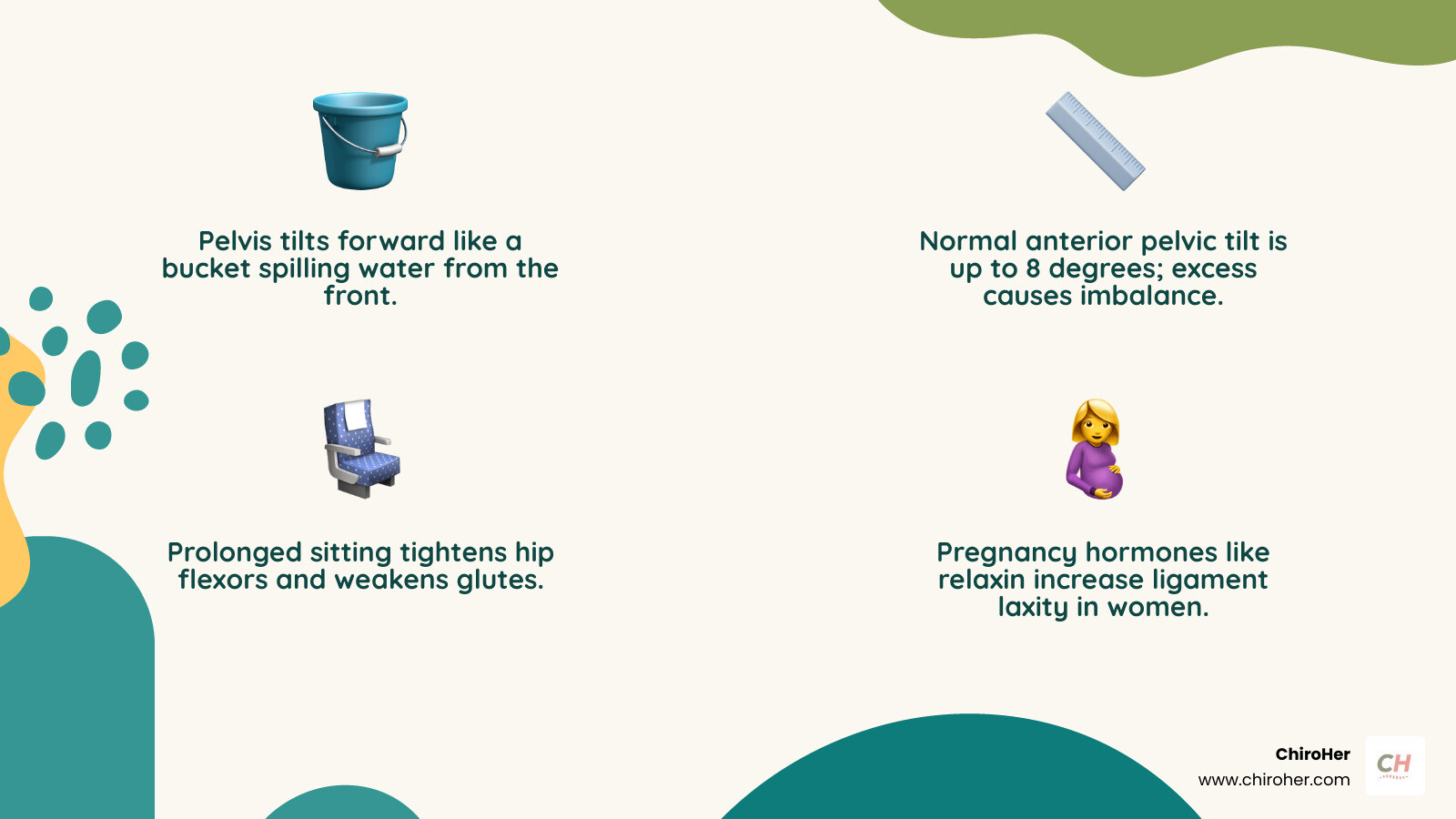 Infographic showing the bucket of water analogy for anterior and posterior pelvic tilt with labeled muscle groups infographic