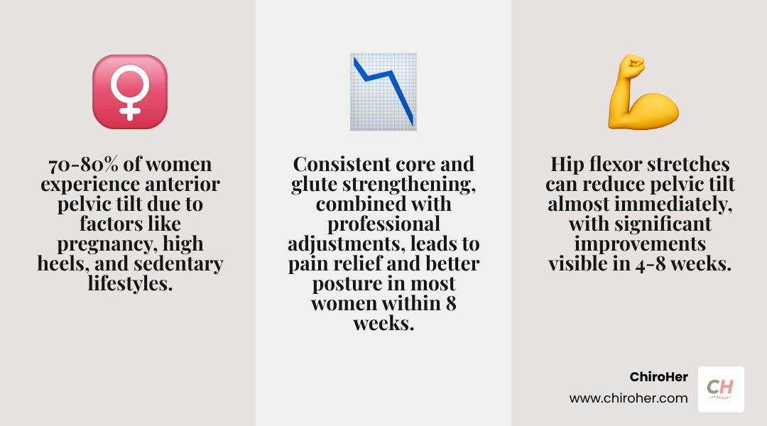 Statistics on anterior pelvic tilt prevalence in women and recovery timelines infographic