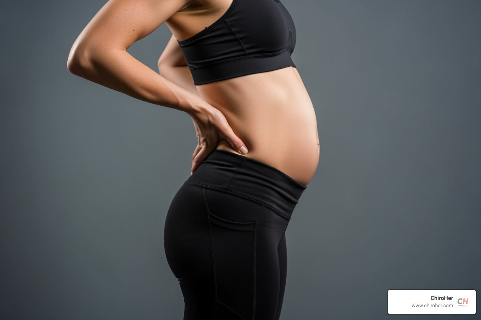Side profile of a woman showing an exaggerated lower back arch and protruding abdomen