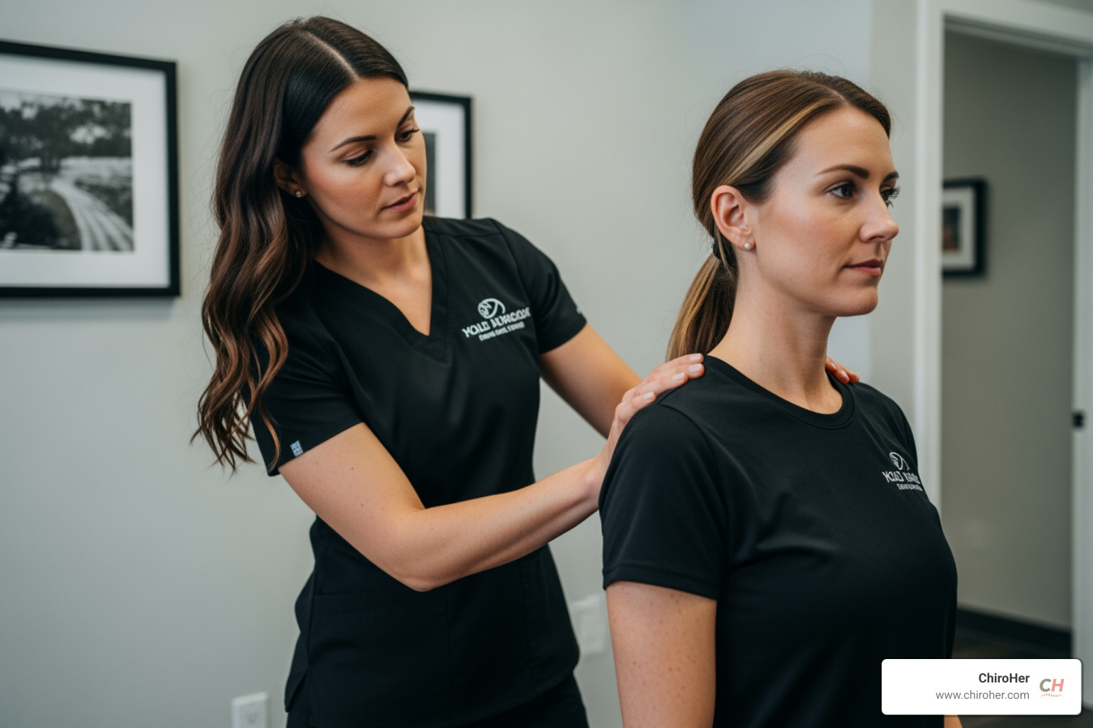 female chiropractor performing postural assessment on woman in modern clinic