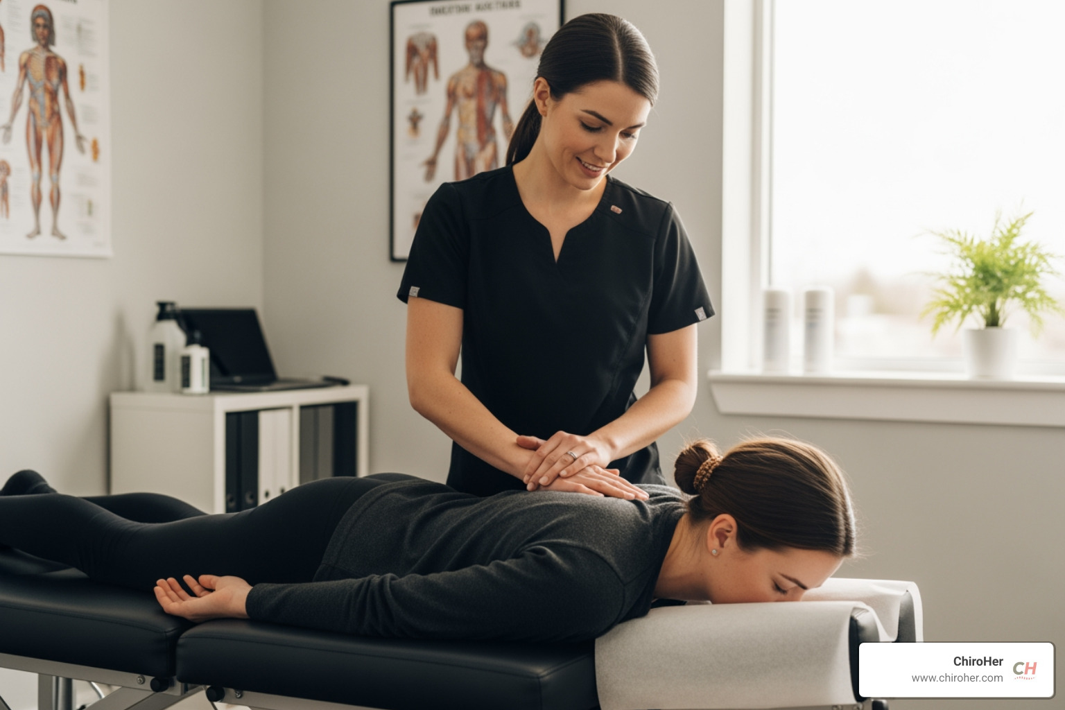 Female chiropractor performing a gentle spinal adjustment on a female patient