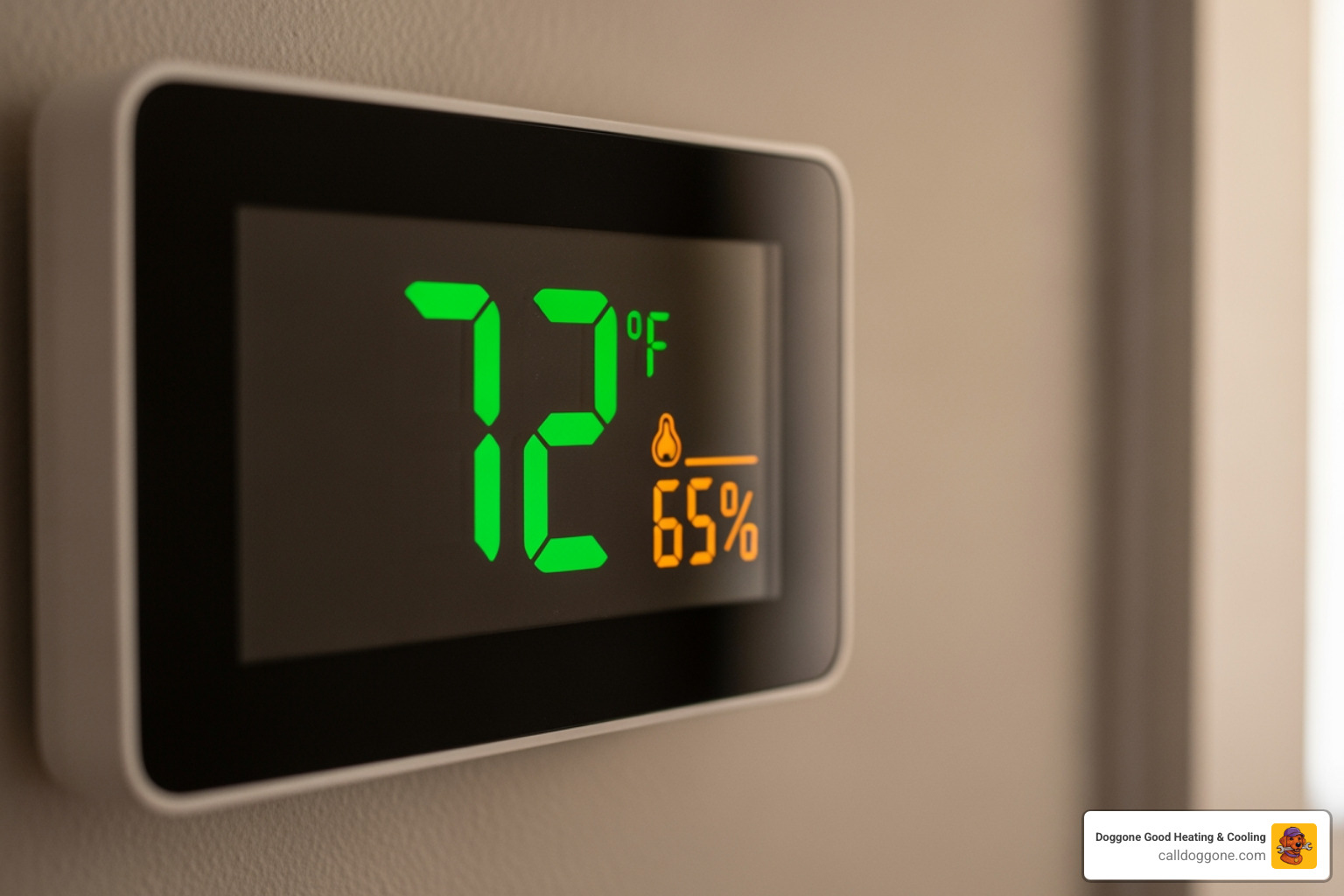 Digital thermostat showing a comfortable temperature but a high humidity reading over 60 percent Digital thermostat showing a comfortable temperature but a high humidity reading over 60 percent