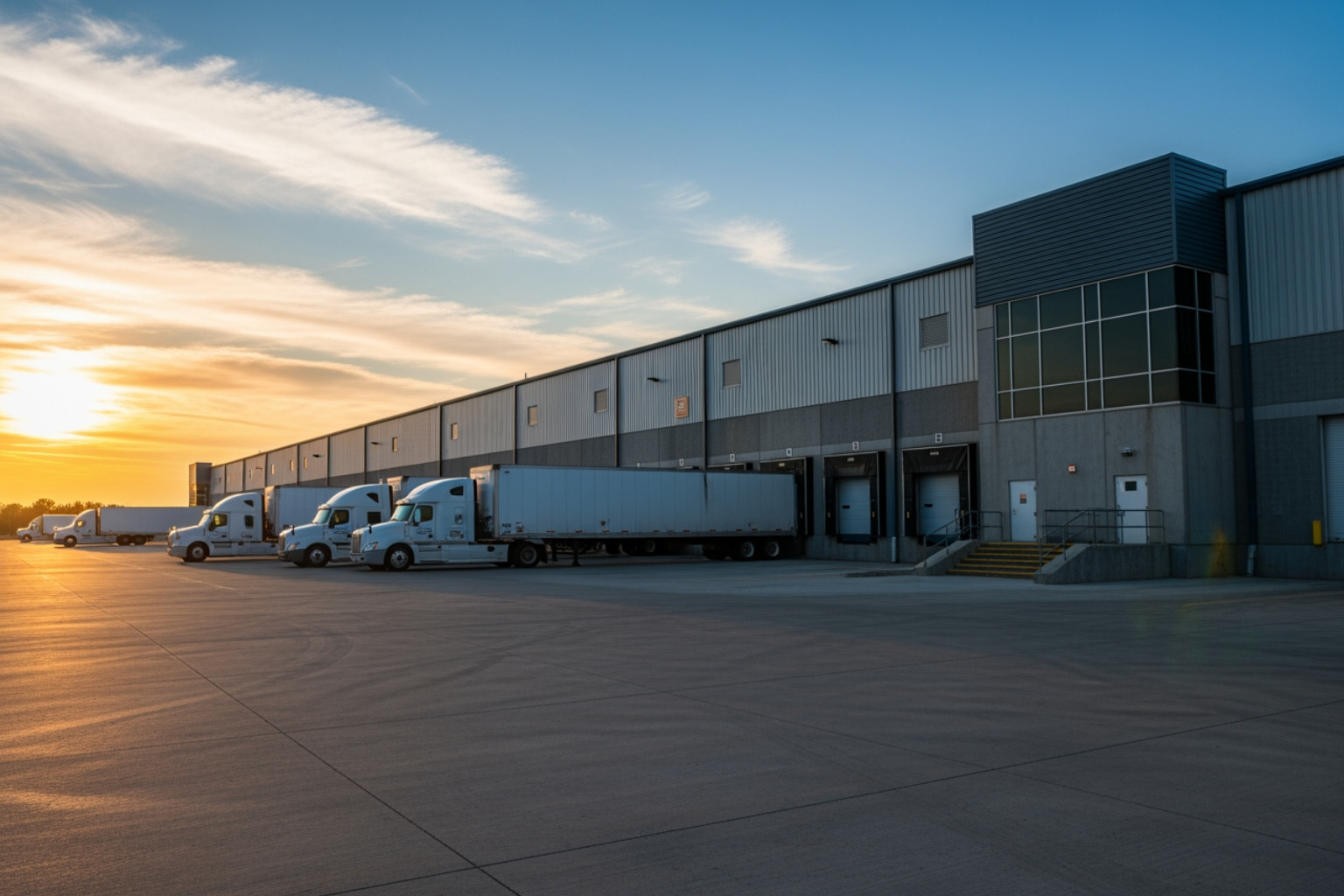 modern distribution center exterior at dusk with trucks