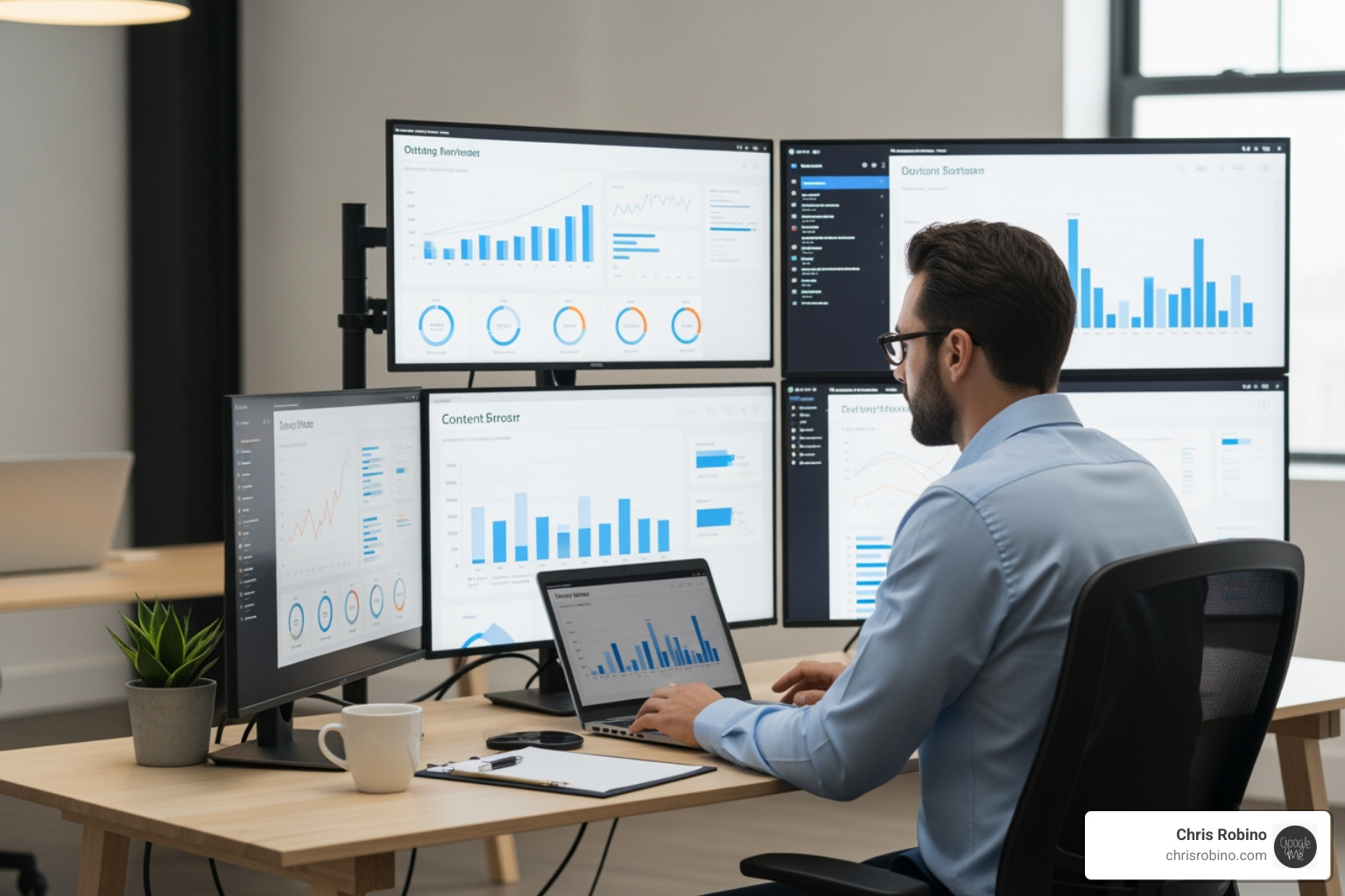 Professional reviewing growth charts and content performance metrics