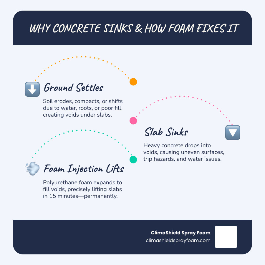 Infographic showing causes of concrete sinking and the polyurethane foam injection leveling process infographic Infographic showing causes of concrete sinking and the polyurethane foam injection leveling process infographic