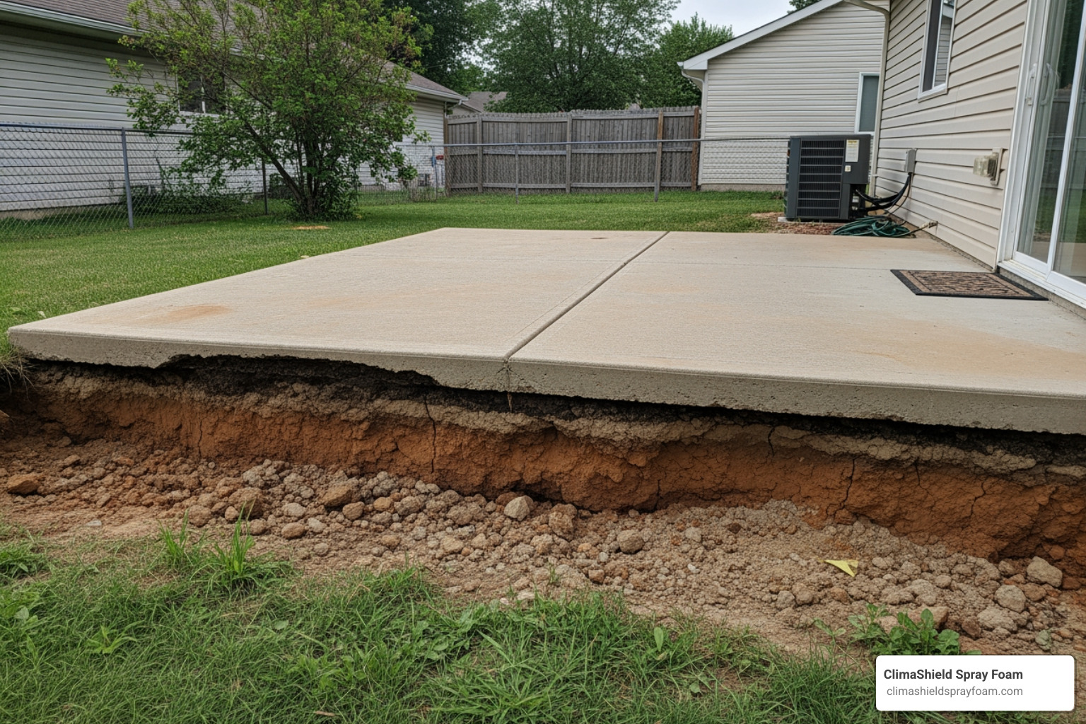 Soil erosion creating a void under a concrete patio slab Soil erosion creating a void under a concrete patio slab