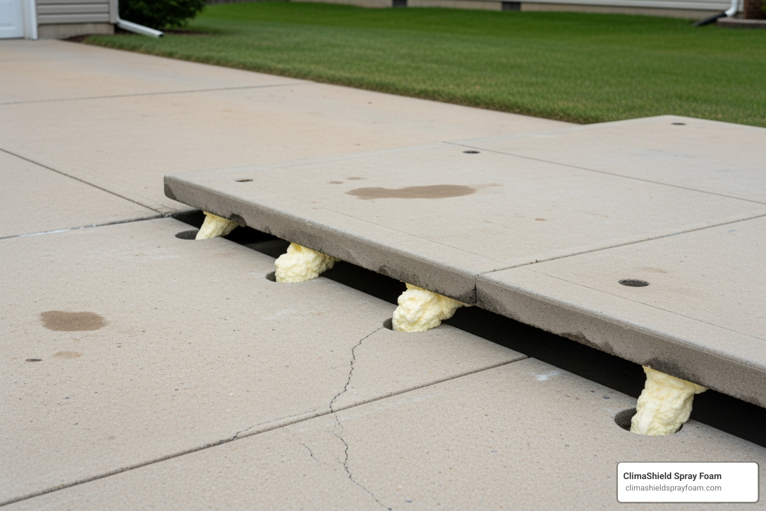 High-density polyurethane foam expanding and lifting a heavy concrete slab High-density polyurethane foam expanding and lifting a heavy concrete slab
