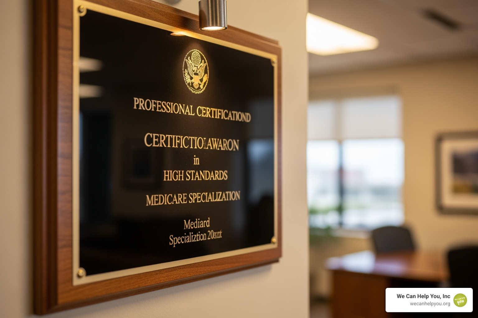 Professional certification plaque on an office wall representing high standards Professional certification plaque on an office wall representing high standards