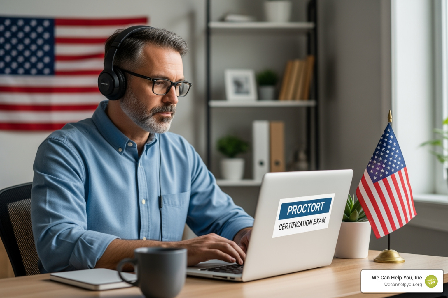 Student taking a proctored online exam for professional certification Student taking a proctored online exam for professional certification