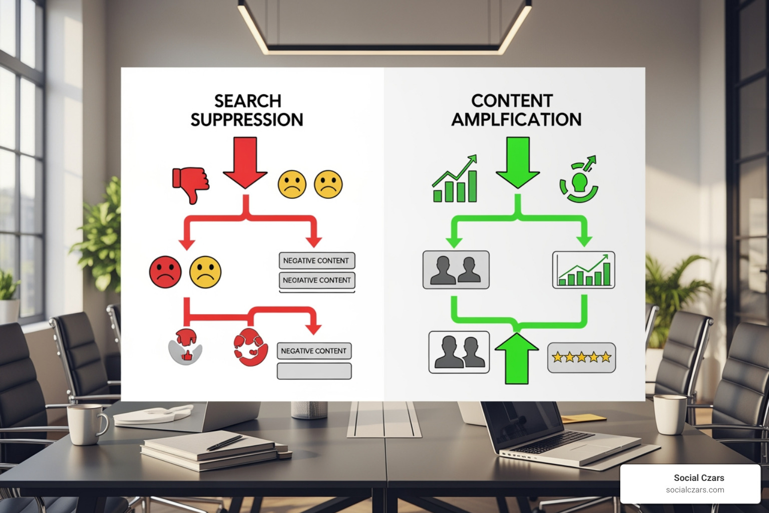 Digital strategy map showing search suppression and content amplification paths Digital strategy map showing search suppression and content amplification paths
