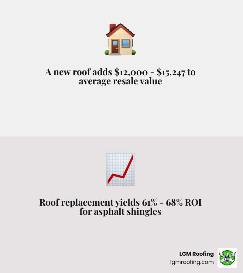 Infographic showing how a new roof increases home value through ROI, curb appeal, appraisal, and buyer confidence infographic