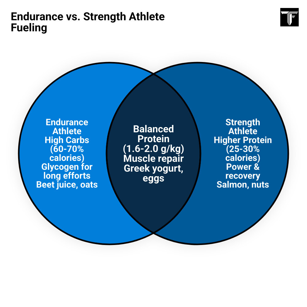 An infographic comparing the meal plates of an endurance runner (high carb) versus a strength athlete (high protein) An infographic comparing the meal plates of an endurance runner (high carb) versus a strength athlete (high protein)