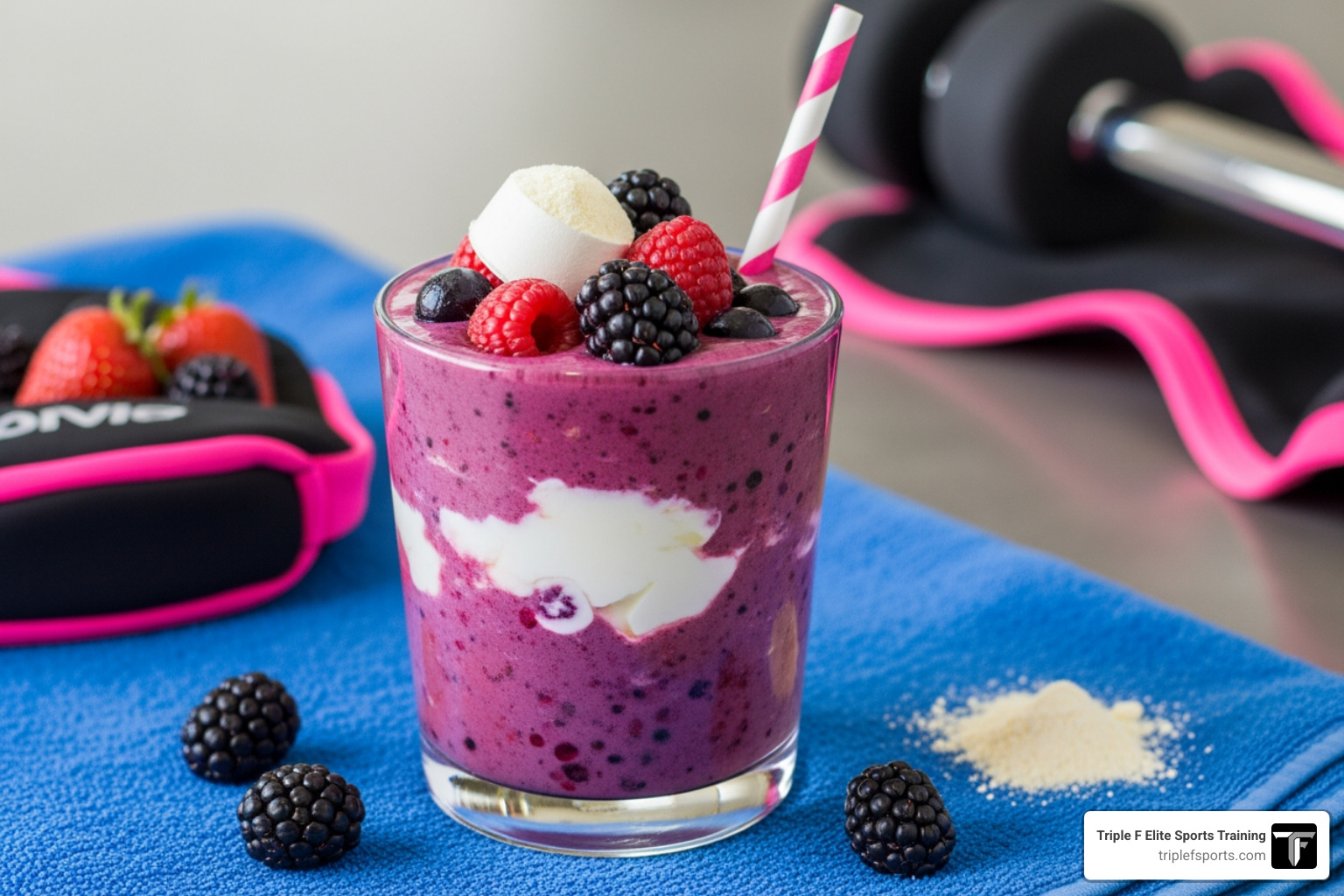 A vibrant post-workout recovery smoothie featuring mixed berries, Greek yogurt, and a scoop of protein powder A vibrant post-workout recovery smoothie featuring mixed berries, Greek yogurt, and a scoop of protein powder