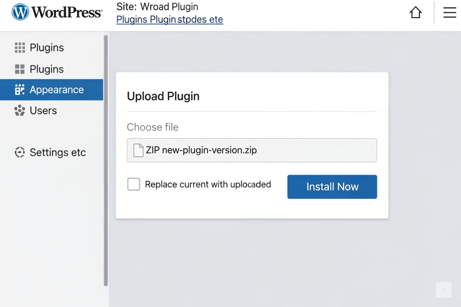 WordPress ZIP upload screen showing replace current option WordPress ZIP upload screen showing replace current option