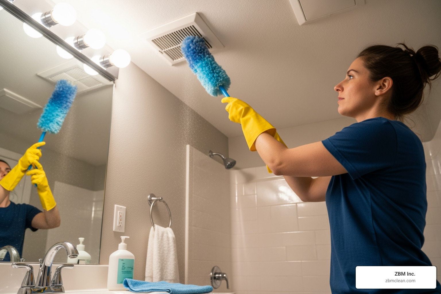 cleaning bathroom vent and upper wall before sink and floor cleaning bathroom vent and upper wall before sink and floor