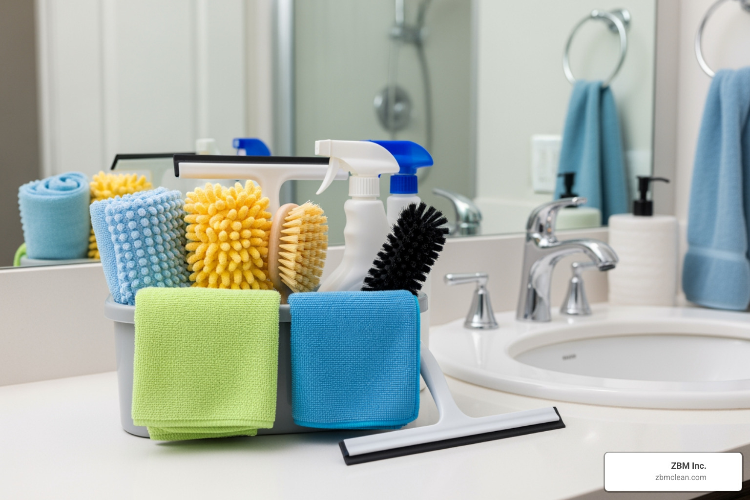 bathroom cleaning caddy with cloths brush squeegee and spray bottles bathroom cleaning caddy with cloths brush squeegee and spray bottles