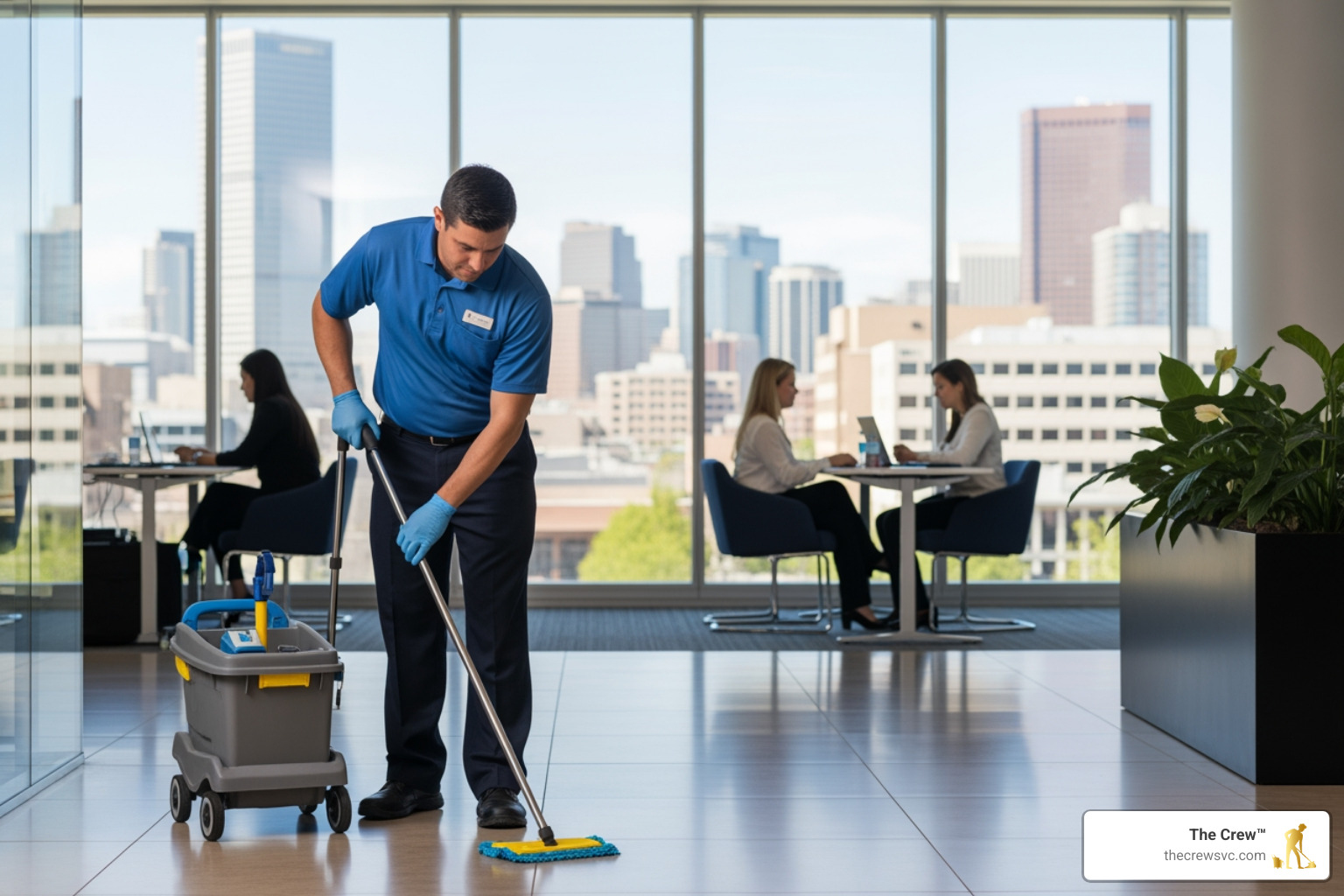Professional day porter maintaining a Denver office lobby during business hours Professional day porter maintaining a Denver office lobby during business hours