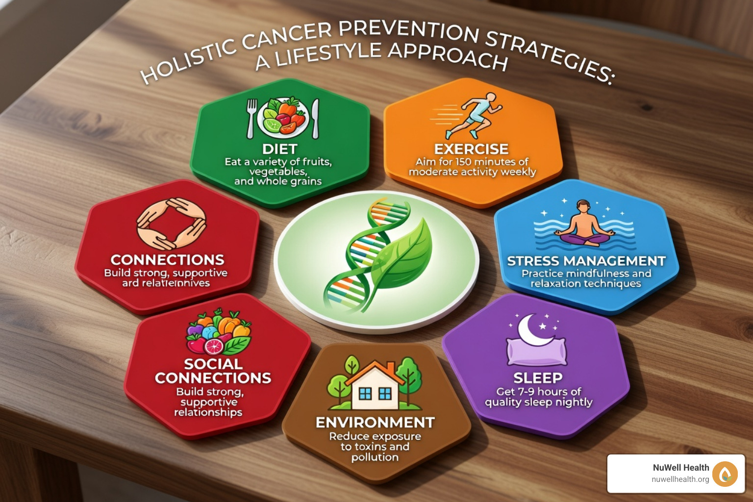Infographic showing 8 holistic cancer prevention strategies with lifestyle categories and key actions - cancer prevention