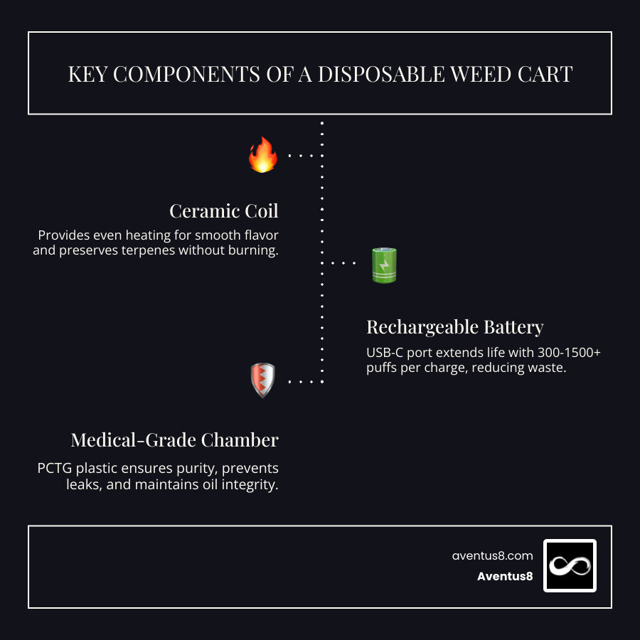Infographic showing components of a disposable weed cart, cannabinoid types, price per gram tiers, and lab testing checklist