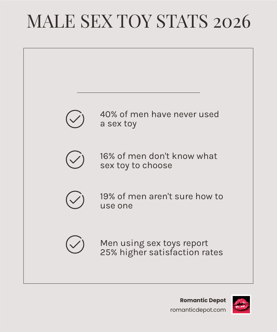 Infographic showing male sex toy usage statistics and key benefits in 2026 infographic
