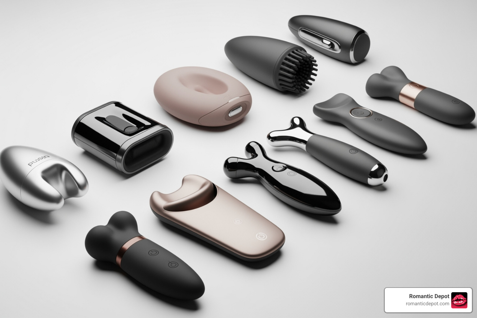 A collection of various modern strokers and prostate massagers on a clean surface