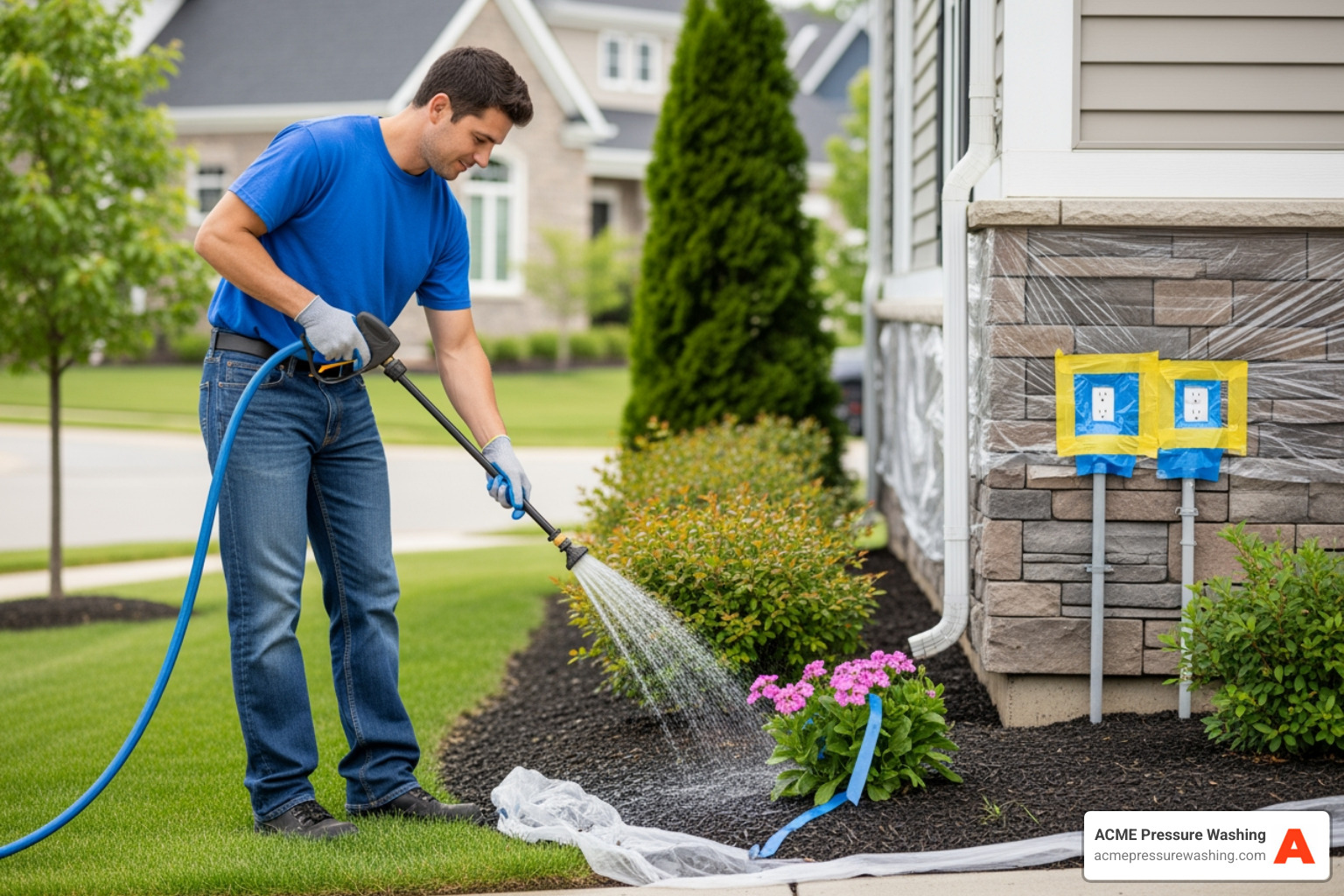 Technician protecting landscaping and sealing electrical outlets before wash