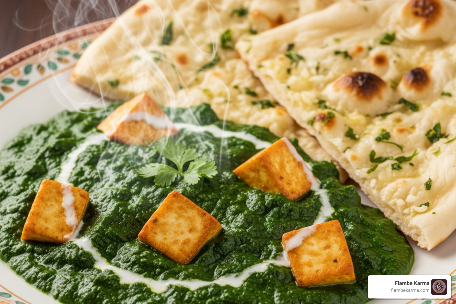 creamy Palak Paneer served with garlic naan
