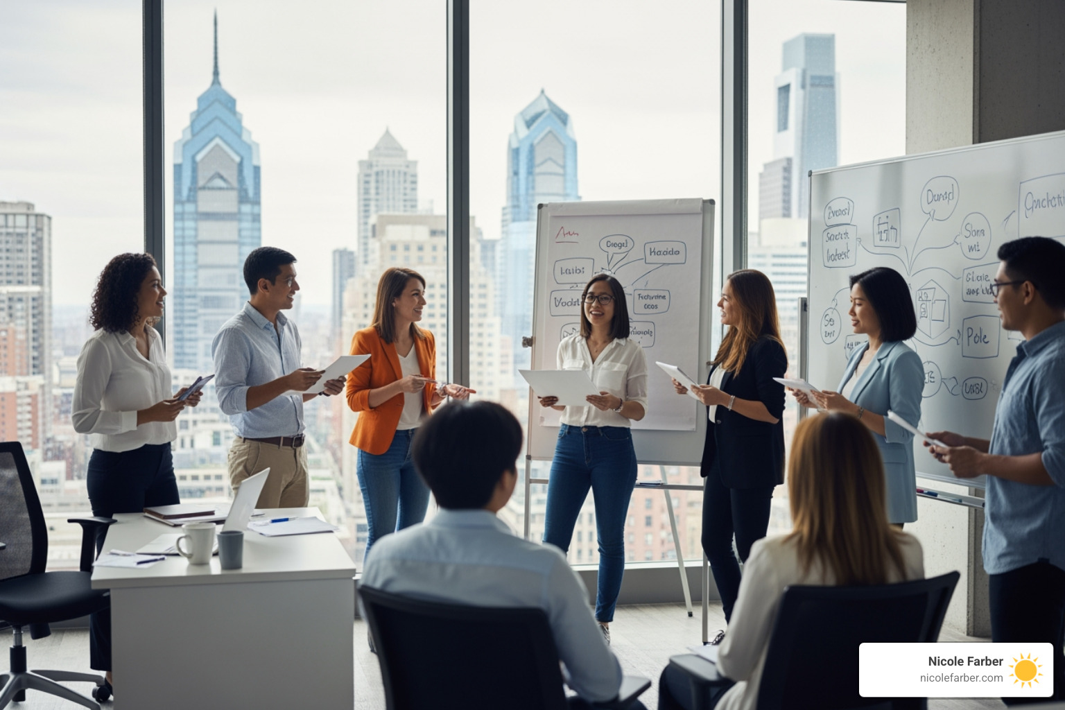 A diverse team brainstorming in a modern office in Philadelphia A diverse team brainstorming in a modern office in Philadelphia