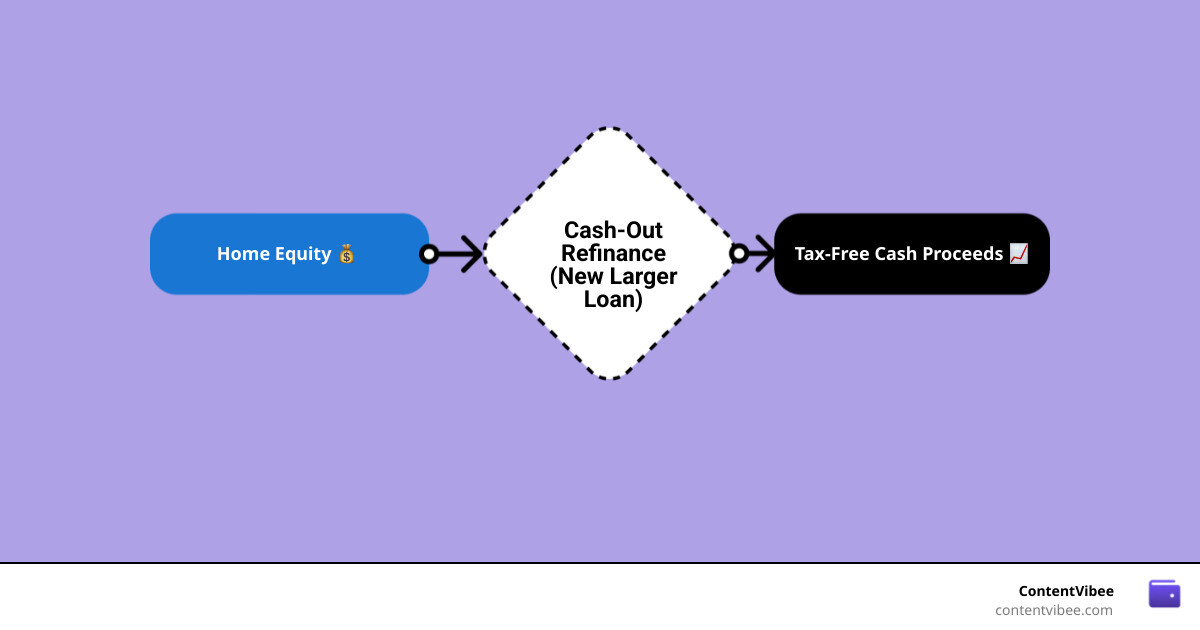 Flow of a cash-out refinance showing equity access, loan proceeds, IRS non-taxable treatment, and deductibility rules Flow of a cash-out refinance showing equity access, loan proceeds, IRS non-taxable treatment, and deductibility rules