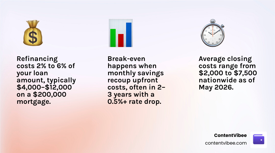 Infographic showing refinance cost ranges by loan amount, key fees, and break-even timeline infographic Infographic showing refinance cost ranges by loan amount, key fees, and break-even timeline infographic