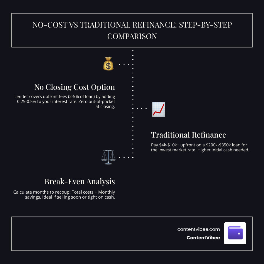 step-by-step mortgage refinance process comparing no-cost vs traditional options with break-even timeline infographic step-by-step mortgage refinance process comparing no-cost vs traditional options with break-even timeline infographic