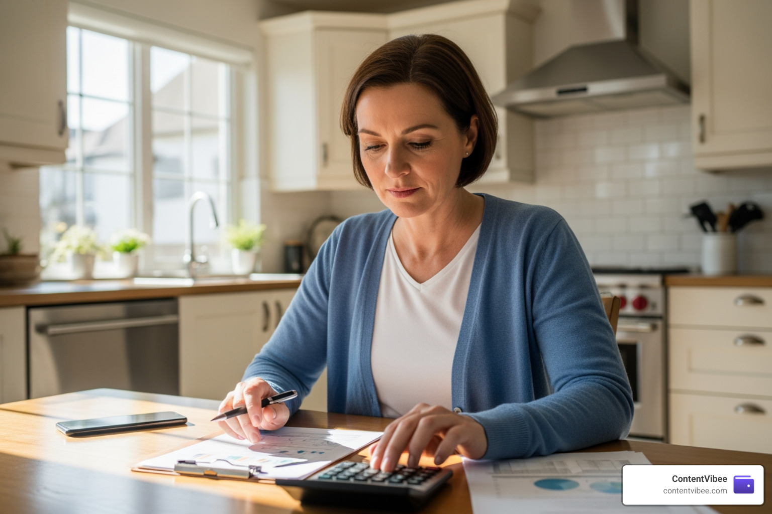 Homeowner reviewing financial documents and calculator Homeowner reviewing financial documents and calculator