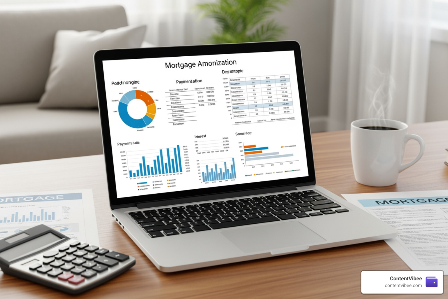 laptop showing mortgage charts and financial documents laptop showing mortgage charts and financial documents