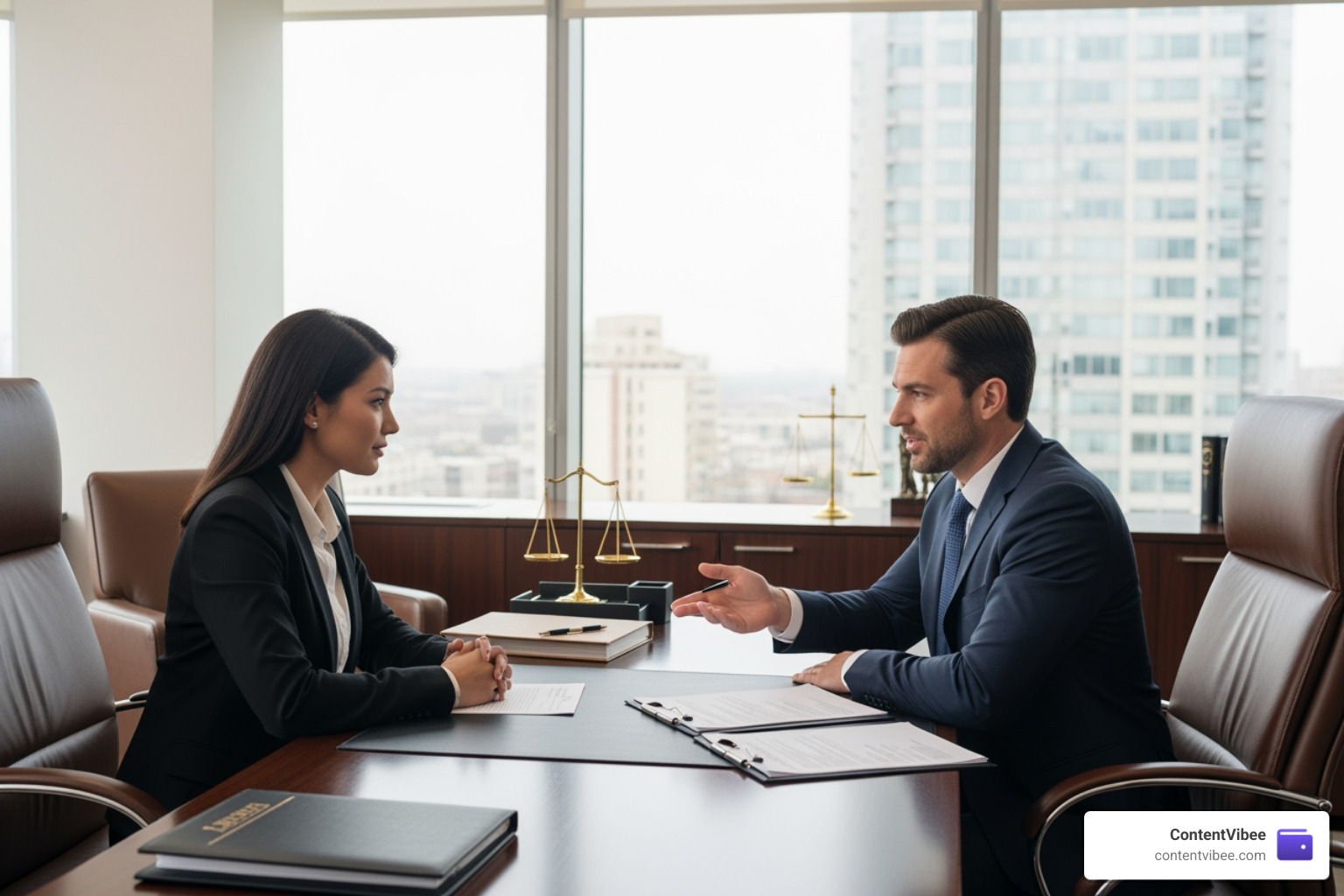 attorney and client discussing a fee agreement in a modern office setting attorney and client discussing a fee agreement in a modern office setting