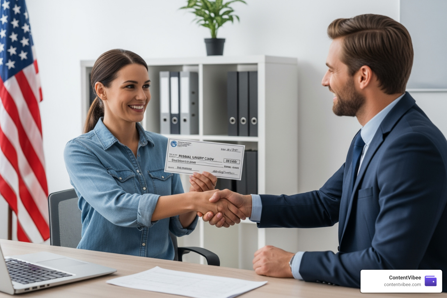 A settlement check being presented to a claimant