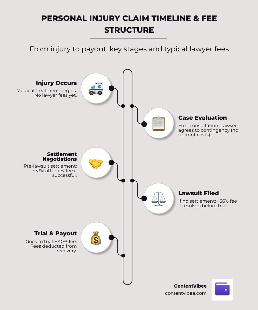 Personal injury claim timeline and fee structure from filing to settlement payout infographic