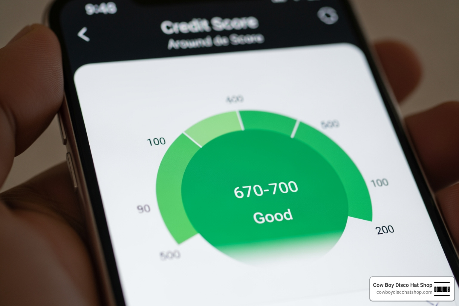 Mobile app screen showing a credit score meter in the "Good" range