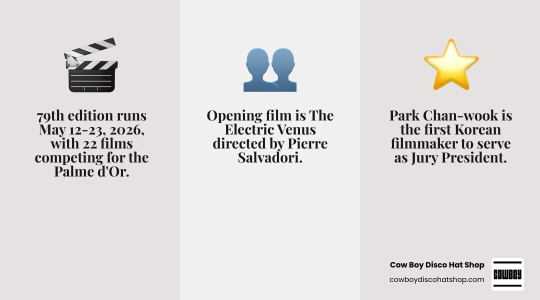 2026 Cannes Film Festival schedule, jury, opening film, and key red carpet statistics infographic infographic