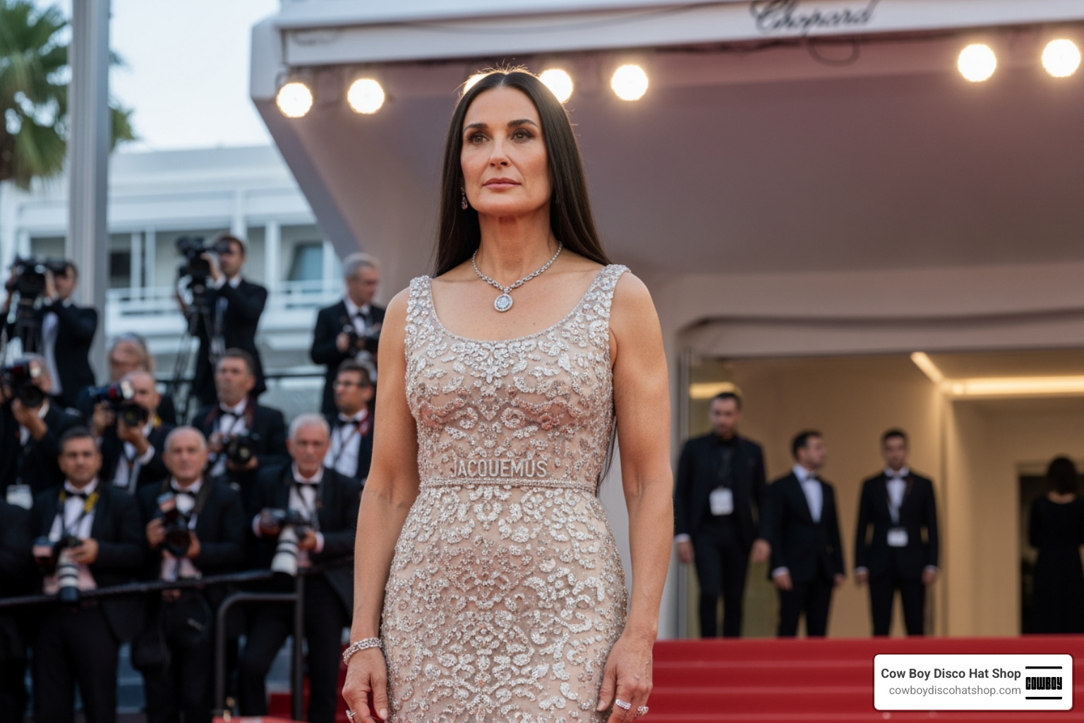 Demi Moore wearing a fitted sparkly Jacquemus gown on the 2026 Cannes red carpet