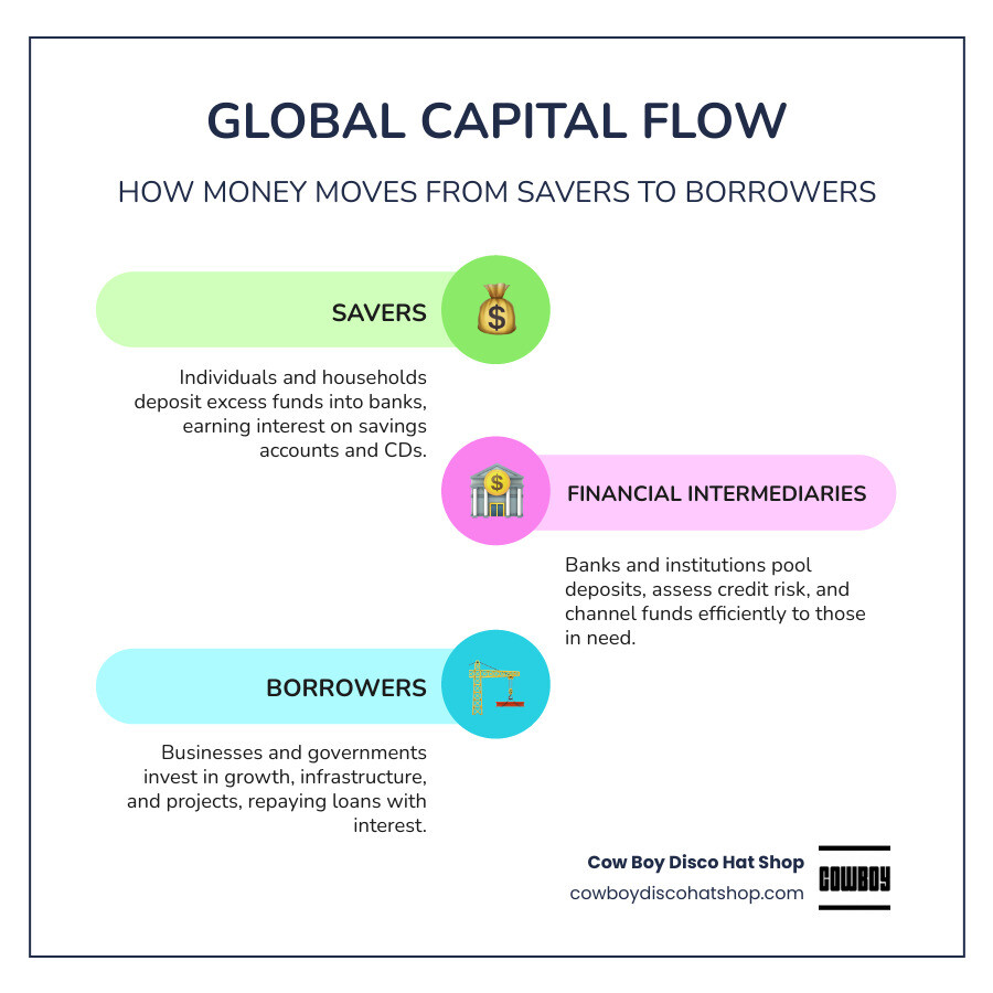 Infographic showing global capital flow from savers through banks to borrowers and businesses infographic